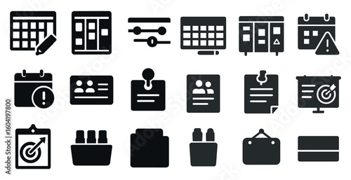 Business management solid icons set – workflow, project planning, productivity tools