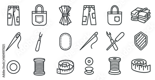 Sewing tools and repair line icons set – outline, stitching, mending symbols