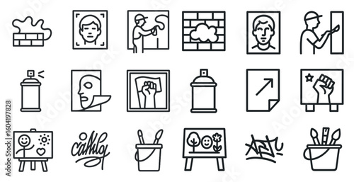 Street art linear icons set – outline, graffiti, urban creativity symbols