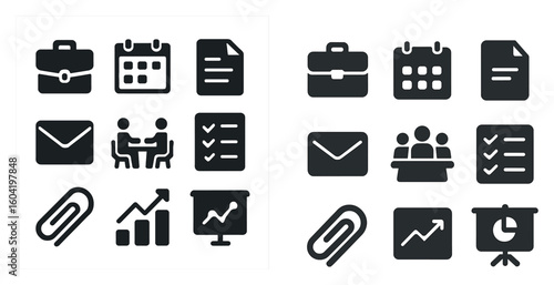 Business and office solid icons set – flat, filled, work and corporate symbols