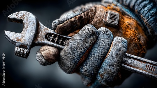 Gloved hand holding a wrench tool close up with a dark background.