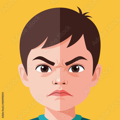 Angry Young Boy with Frowning Face Against Yellow Background