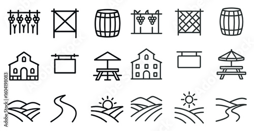 Vineyard and winery line icons set – outline, linear, grape and wine symbols