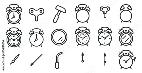 Clock and timer outline icons set – linear, line, time management symbols