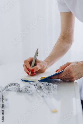 Nutritionist or cosmetologist writes down body measurements after evaluation. Tape measure on table. Concept of weight loss, diet, health tracking, or body slimming procedure