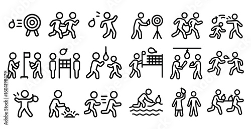 Sport activities outline icons set – line, silhouette, fitness and recreational symbols