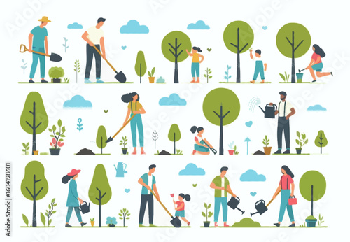 Flat vector illustration of diverse people planting trees