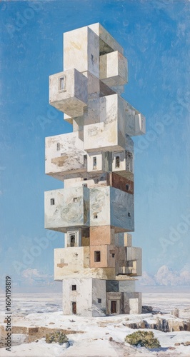 Towering, abstract, pale-toned building on a snowy plain