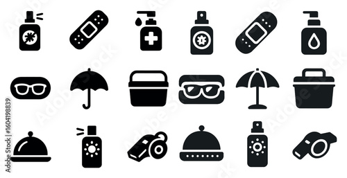 Travel essentials silhouette icons set – flat, essential, vacation symbols