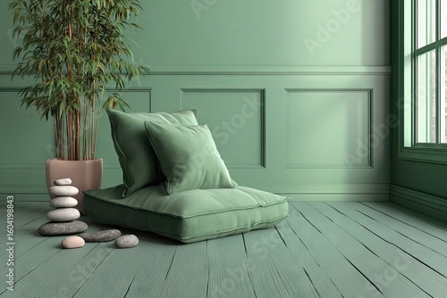 Serene, mint-green room with meditation cushion