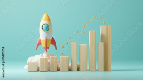 The colorful rocket launching into a graph symbolizing business growth and success.