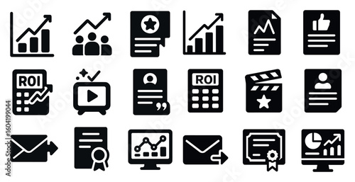 Business and analytics solid icons set – filled, data, performance metrics symbols