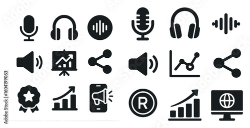 Audio and music solid icons set – filled, sound, media graphic elements
