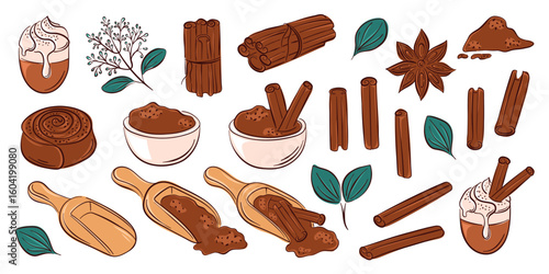 Cinnamon spice collection with stick, powder scoop, flower, roll and leaf in flat style. Perfect for recipe design, package, kitchen decor and culinary project.