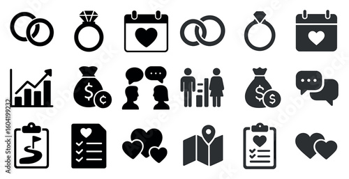 Wedding and romance solid icons set – filled, love, marriage symbols collection