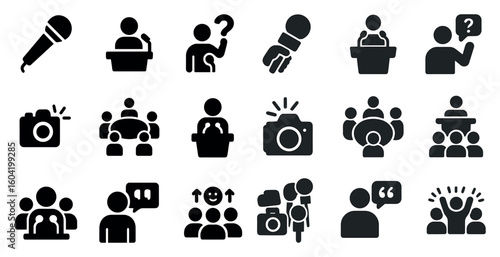 Public speaking solid icons set – silhouette, presentation, communication symbols