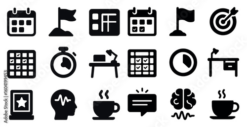 Productivity and office solid icons set – 3d, work, efficiency symbols for tasks