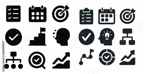 Business and productivity icons set – solid, filled, workflow and planning symbols