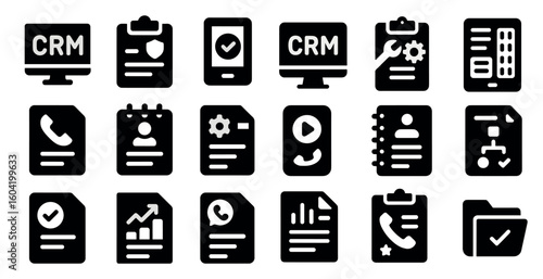 Crm and business solid icons set – tools, communication, workflow symbols