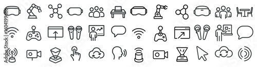 Technology and communication outline icons set – linear, digital, tech symbols