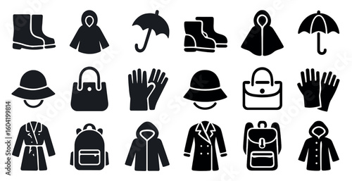 Rain gear solid icons set – waterproof, clothing, accessories symbols