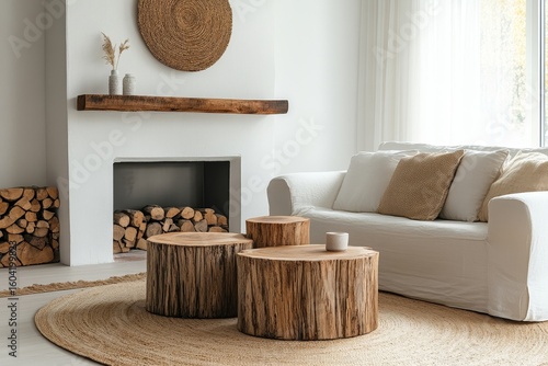 Tree stump accent coffee tables positioned near a white sofa by the fireplace, against a blank wall with copy space. Nomadic, rustic farmhouse home interior design for a modern room, Generative AI