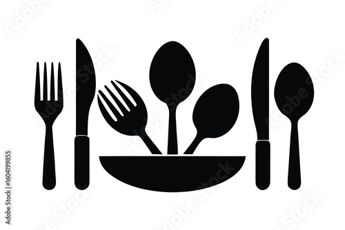 Cutlery Set Black Silhouette Forks, Spoons, Knives, Placed around a Bowl Silhouette Illustration