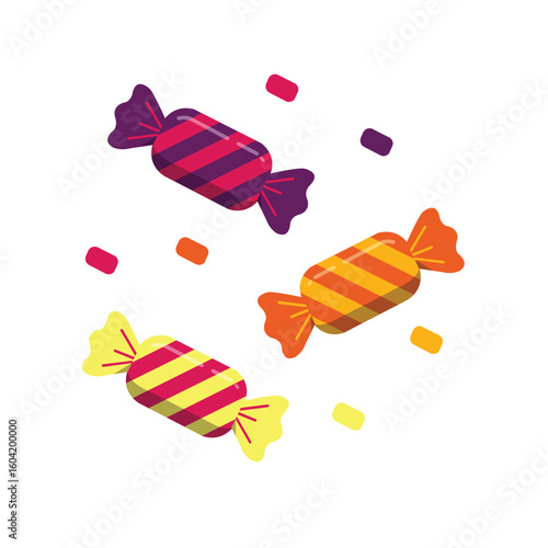 Three vibrant wrapped candies in yellow, orange, and purple with diagonal stripes, surrounded by sprinkle-like confetti on a white background. Ideal for holiday posters, children’s party invitations