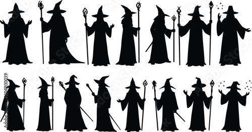 Cad drawing flat vector illustration of wizard silhouettes, magical wizards with staffs, fantasy magician clipart, black silhouette spellcasters.