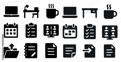 Office and work solid icons set – filled, silhouette, business tools collection