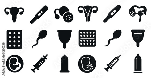 Reproductive health icons set – solid, filled, fertility and contraceptive symbols