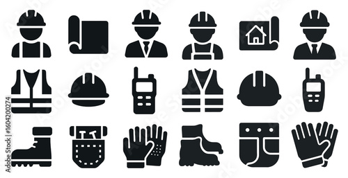 Construction and safety solid icons set – filled, worksite, project essentials