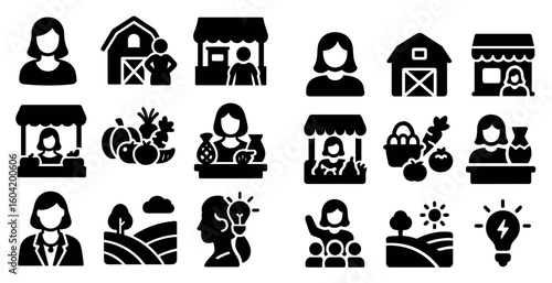 Farmers market solid icons set – filled, agriculture, fresh produce symbols