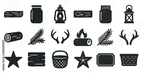 Camping and outdoor solid icons set – rustic, filled, adventure symbols