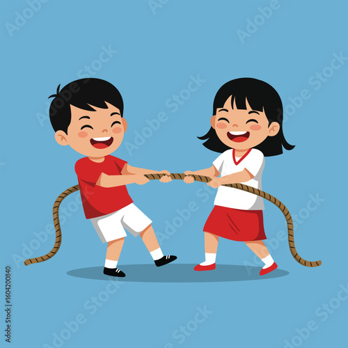 Illustration of a boy and girl happily playing a tug of war game. Suitable for celebrating Indonesian Independence Day or competition activities.