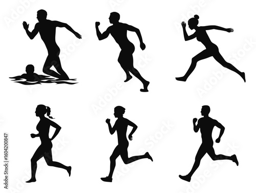 Silhouettes of people running swimming and jumping on a white background in a graphic illustration