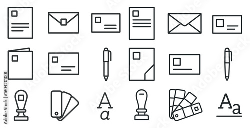 Postal and office outline icons set – linear, mail, stationary graphics