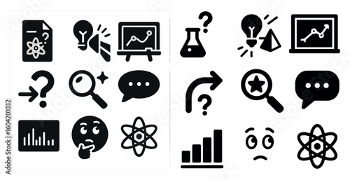 Science and research solid icons set – filled, silhouette, laboratory and innovation graphics