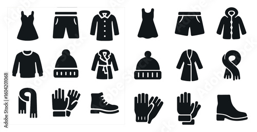 Winter clothing silhouette icons set – solid, filled, fashion and apparel symbols