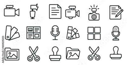 Media and communication line icons set – outline, audio, recording, digital content symbols