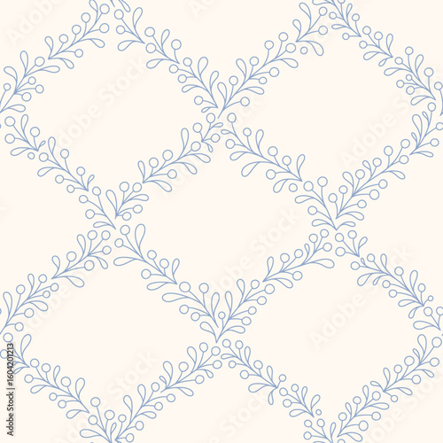Hand drawn floral berry seamless lattice pattern with a charming whimsical cottage core design. Soft blue pastel and nostalgic trellis print. Perfect for textiles and romantic vintage-inspired decor.