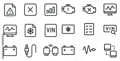 Vehicle diagnostics line icons set – outline, automotive, car maintenance symbols