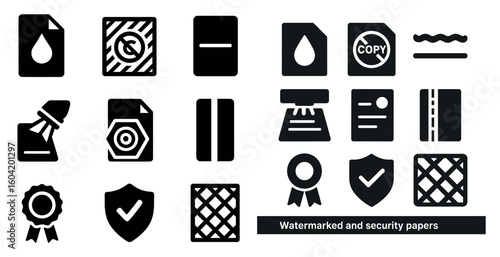 Security and protection solid icons set – shield, badge, security papers