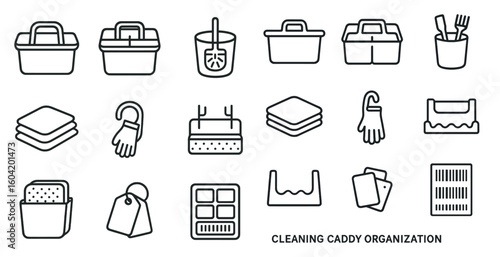 Cleaning caddy silhouette icons set – outline, organization, housekeeping symbols