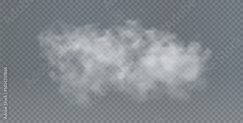 Realistic white smoke or fog cloud vector on transparent background. Isolated soft mist effect for overlay, explosion, or vapor steam.