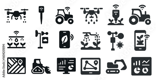 Smart farming solid icons set – agriculture, technology and iot symbols