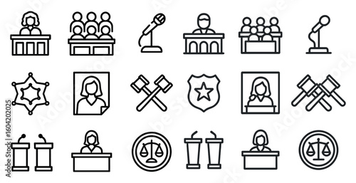 Law and justice line icons set – legal, outline, court and attorney symbols