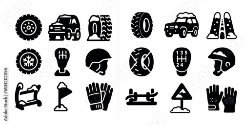 Off-road adventure silhouette icons set – solid, filled, extreme sports symbols