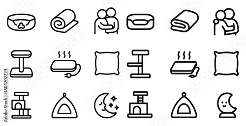 Pet care outline icons set – linear, silhouette, animal and accessory symbols
