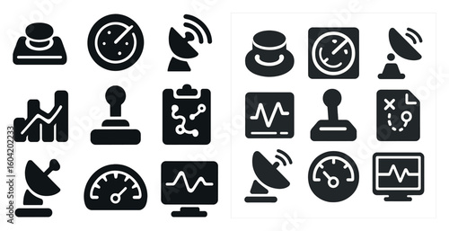Communication and technology solid icons set – filled, silhouette, data transmission symbols